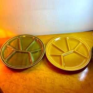 Gien FRENCH 2  Divided Fondue Plates 8.25" deep olive green +mustard